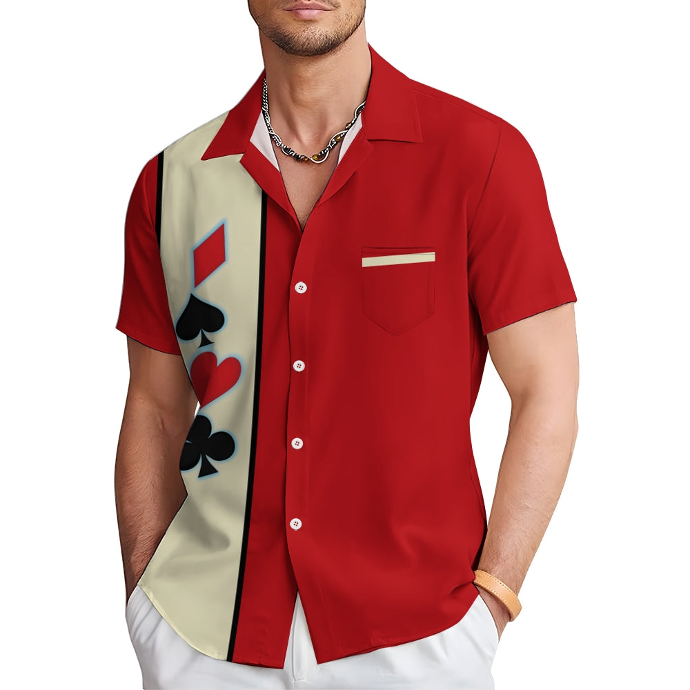 Poker Pattern Print Oversized Bamboo Linen Short Sleeve Shirt 2406001477