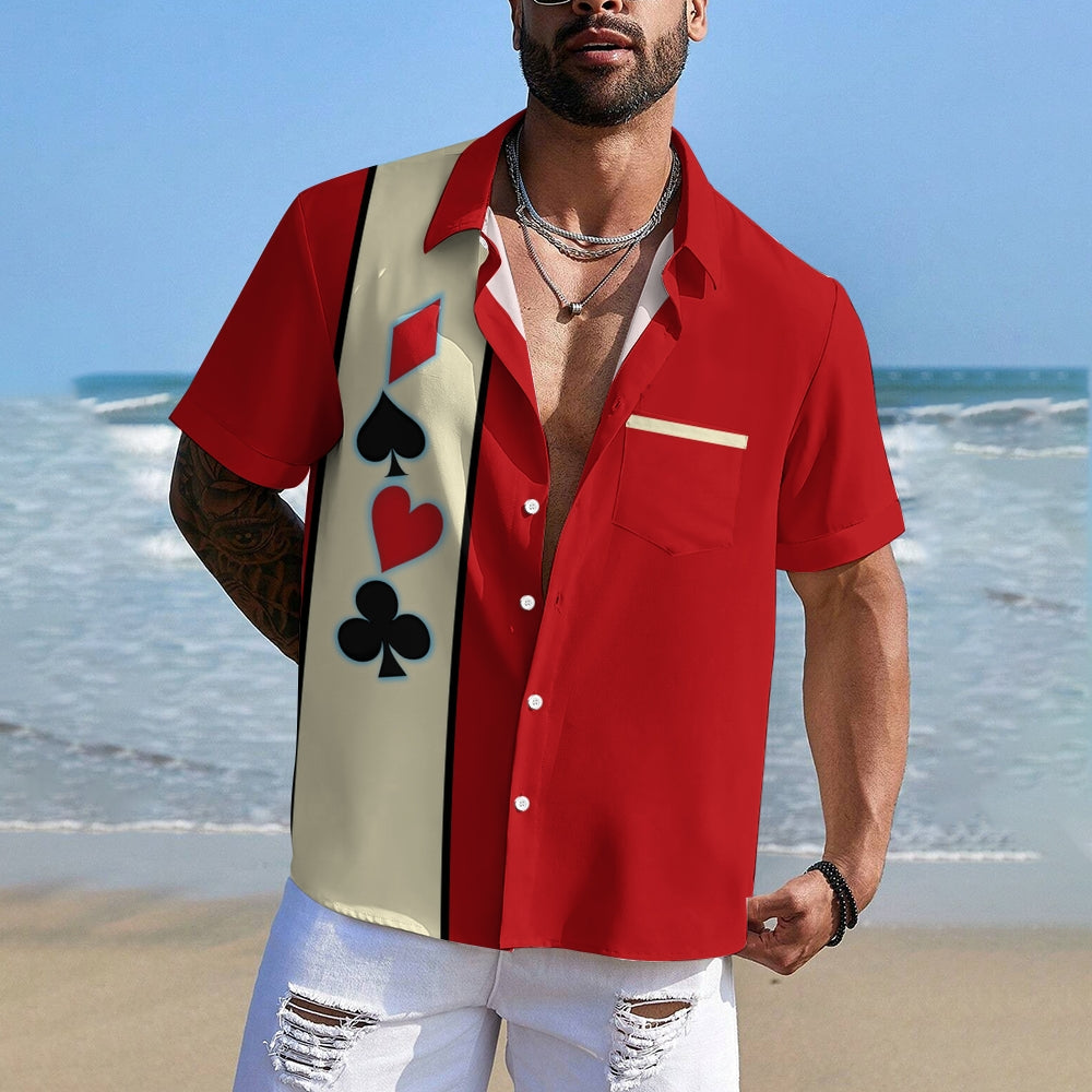 Poker Pattern Print Oversized Bamboo Linen Short Sleeve Shirt 2406001477