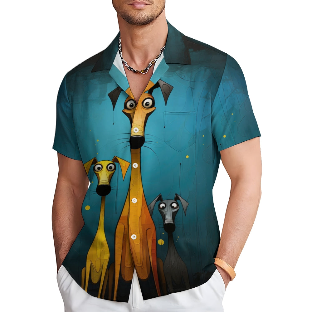 Art Painting Dog Large Size Cotton and Linen Short Sleeve Shirt 2406001517