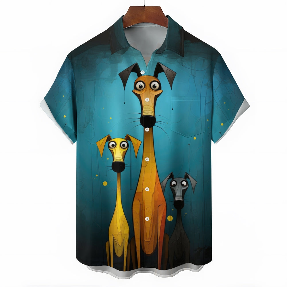 Art Painting Dog Large Size Cotton and Linen Short Sleeve Shirt 2406001517