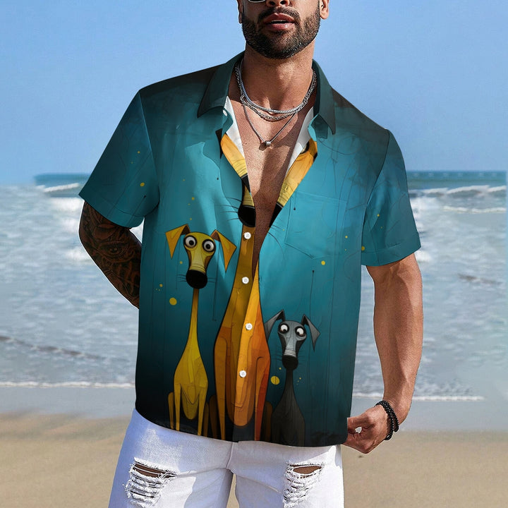 Art Painting Dog Large Size Cotton and Linen Short Sleeve Shirt 2406001517