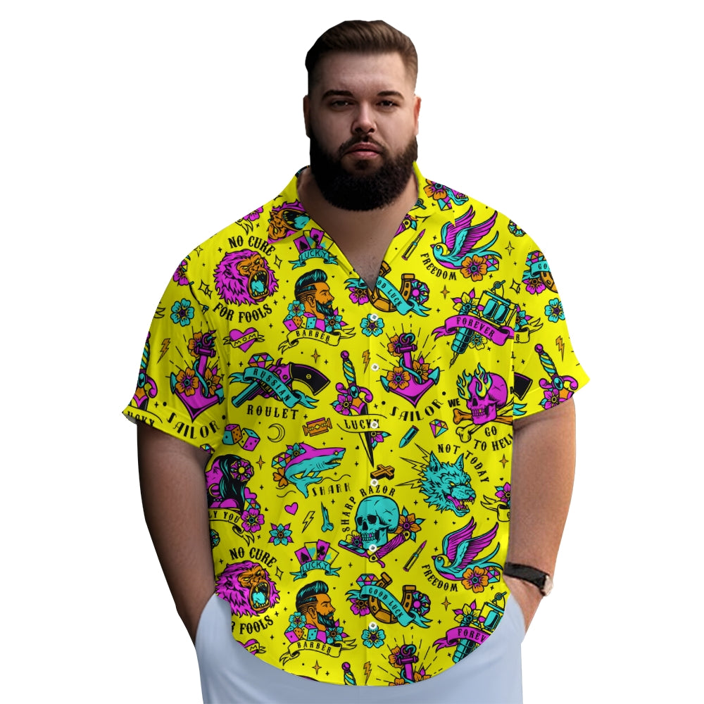 Yellow Demon Skull Print Large Size Bamboo Linen Short Sleeve Shirt 2406001519