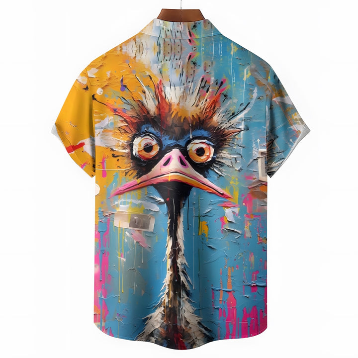 Ostrich Art Print Oversized Short Sleeve Shirt 2406001524