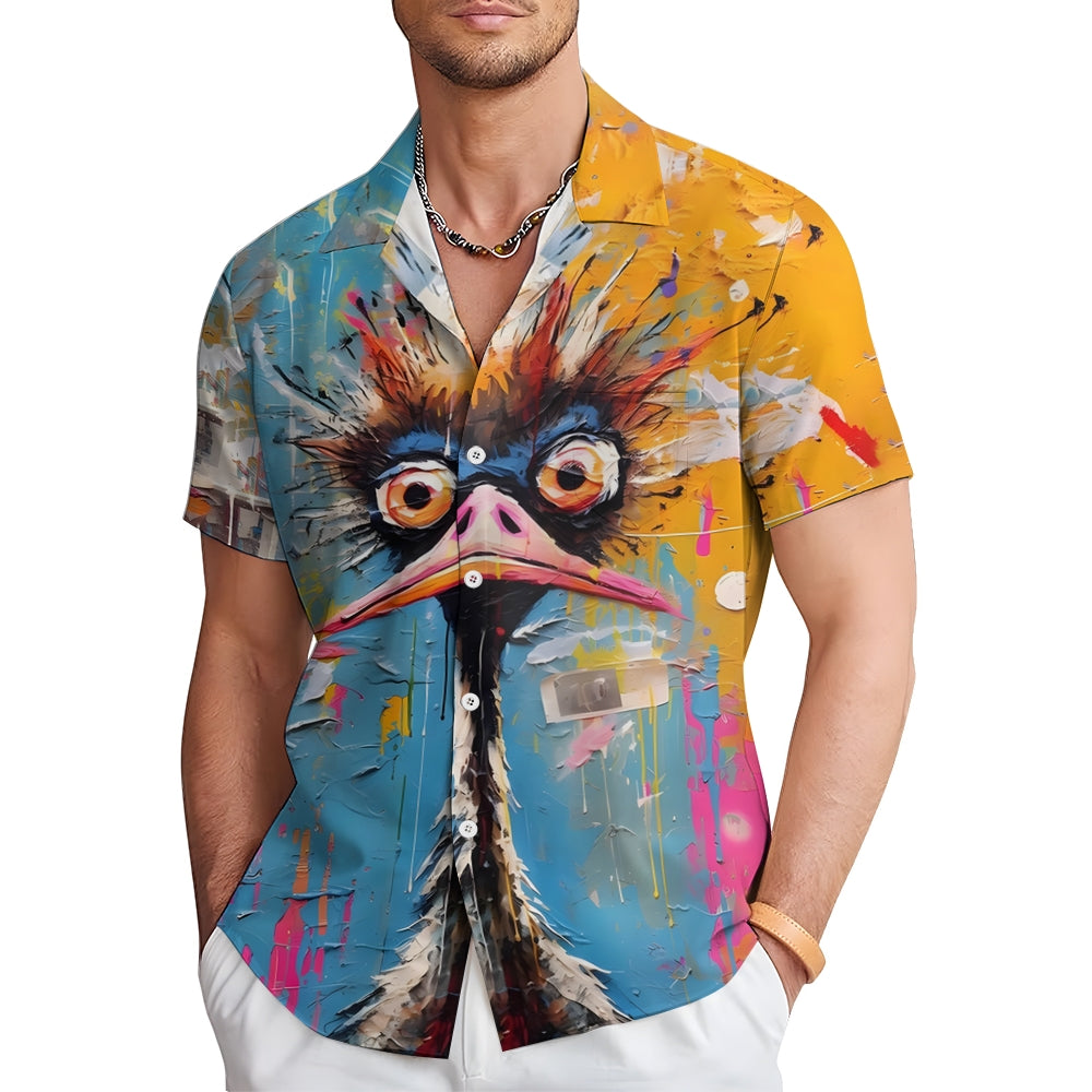 Ostrich Art Print Oversized Short Sleeve Shirt 2406001524