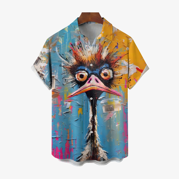 Ostrich Art Print Oversized Short Sleeve Shirt 2406001524
