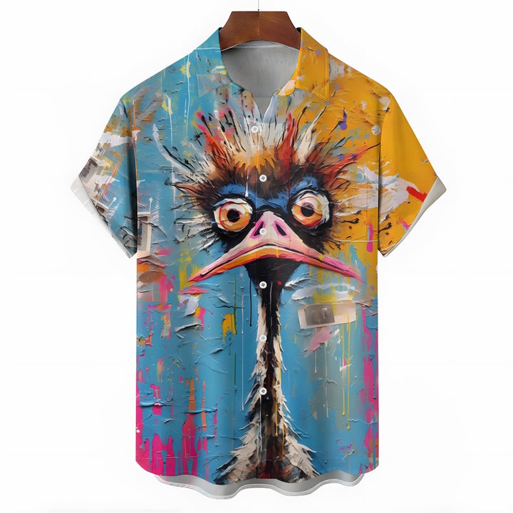 Ostrich Art Print Oversized Short Sleeve Shirt 2406001524