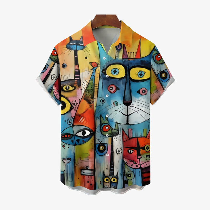 Abstract Cat Print Oversized Cotton and Linen Short Sleeve Shirt 2406001544