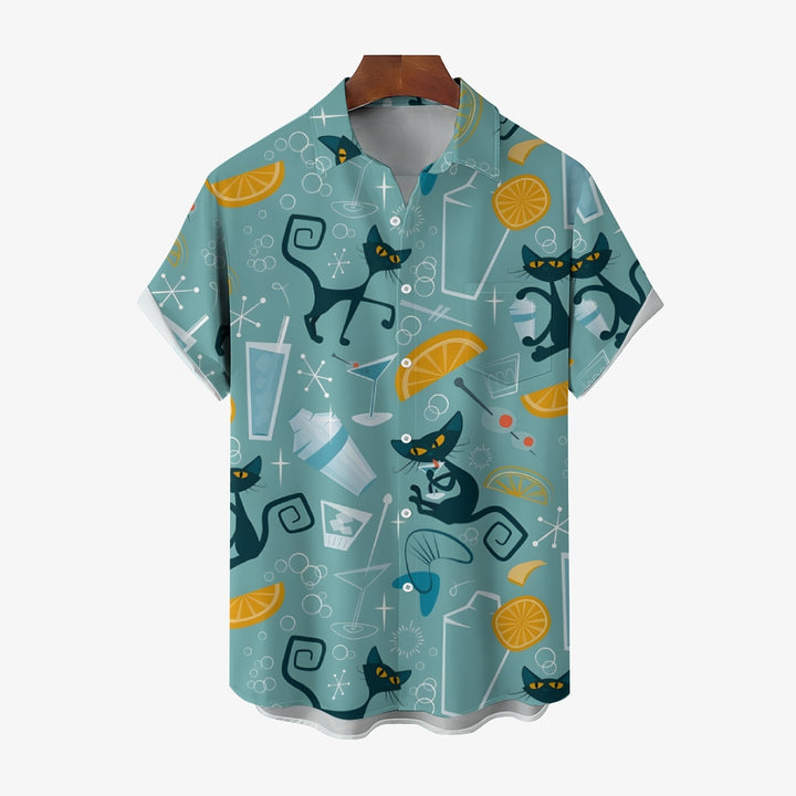 Geometric Cat Oversized Bamboo Linen Short Sleeve Shirt 2406001547