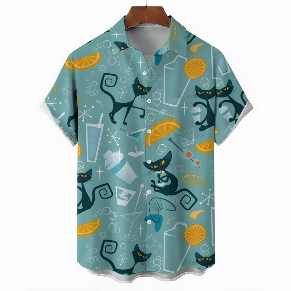 Geometric Cat Oversized Bamboo Linen Short Sleeve Shirt 2406001547