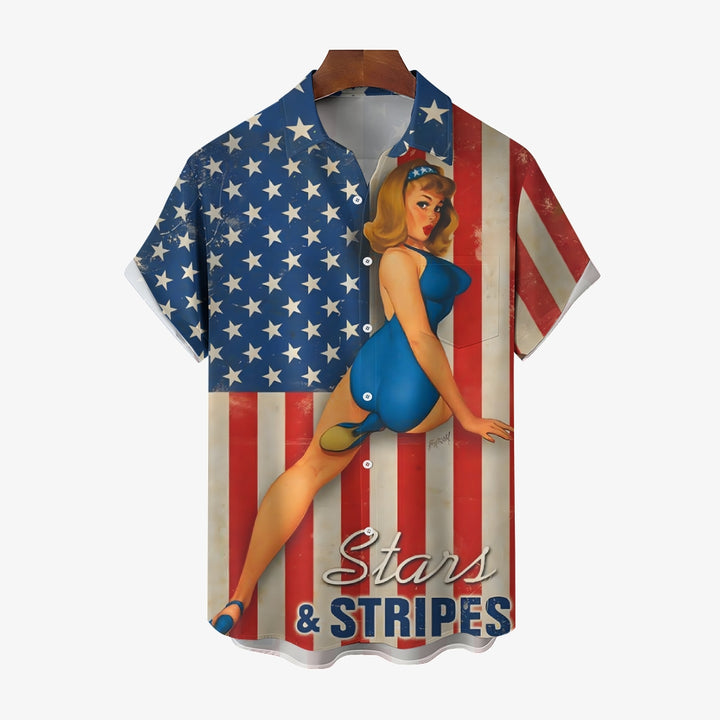 Vintage American Flag and Blue Swimsuit Girls Print Short Sleeve Shirt 2406001559