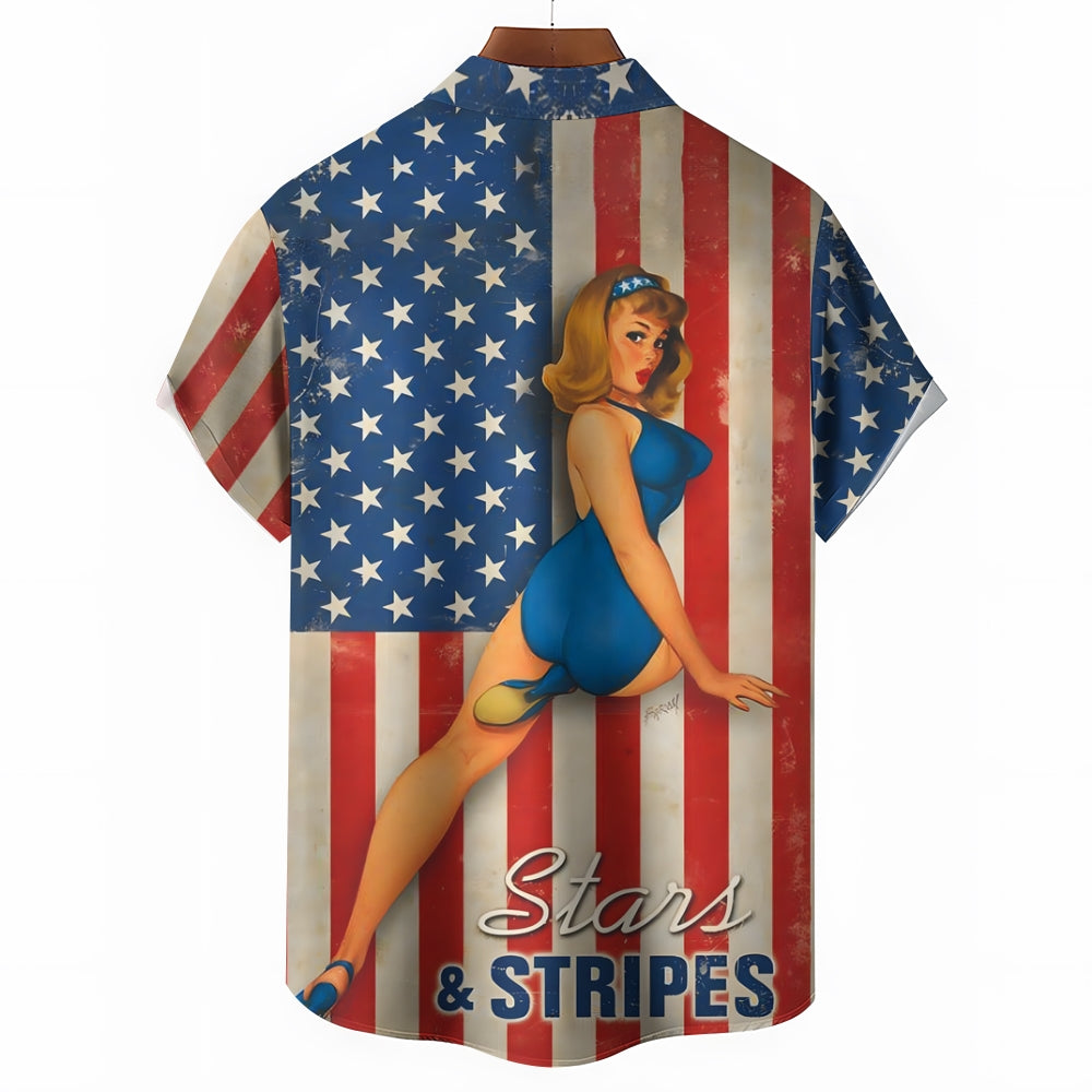 Vintage American Flag and Blue Swimsuit Girls Print Short Sleeve Shirt 2406001559