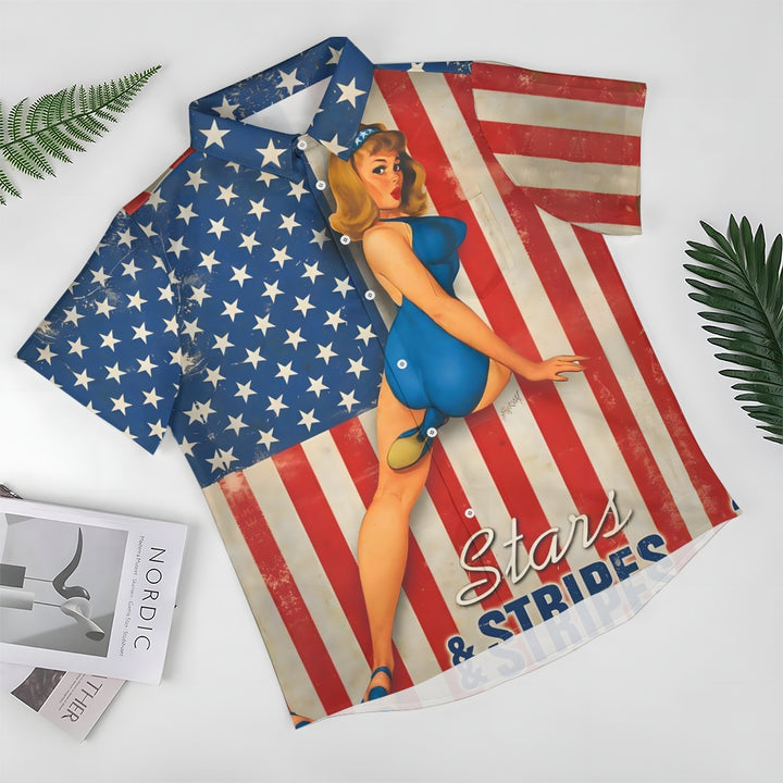 Vintage American Flag and Blue Swimsuit Girls Print Short Sleeve Shirt 2406001559