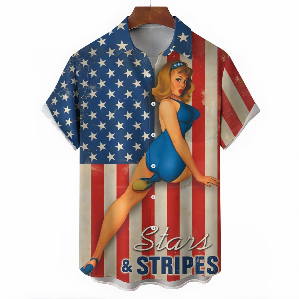 Vintage American Flag and Blue Swimsuit Girls Print Short Sleeve Shirt 2406001559