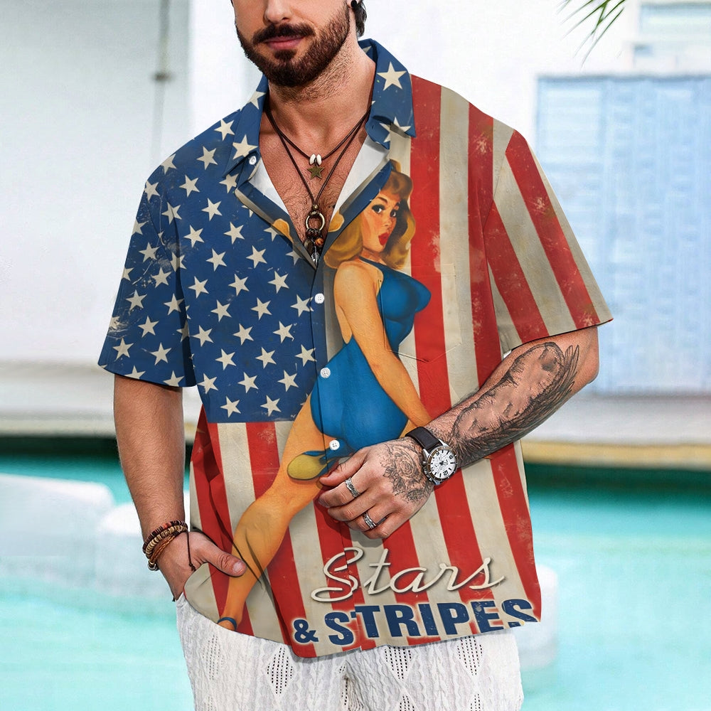 Vintage American Flag and Blue Swimsuit Girls Print Short Sleeve Shirt 2406001559