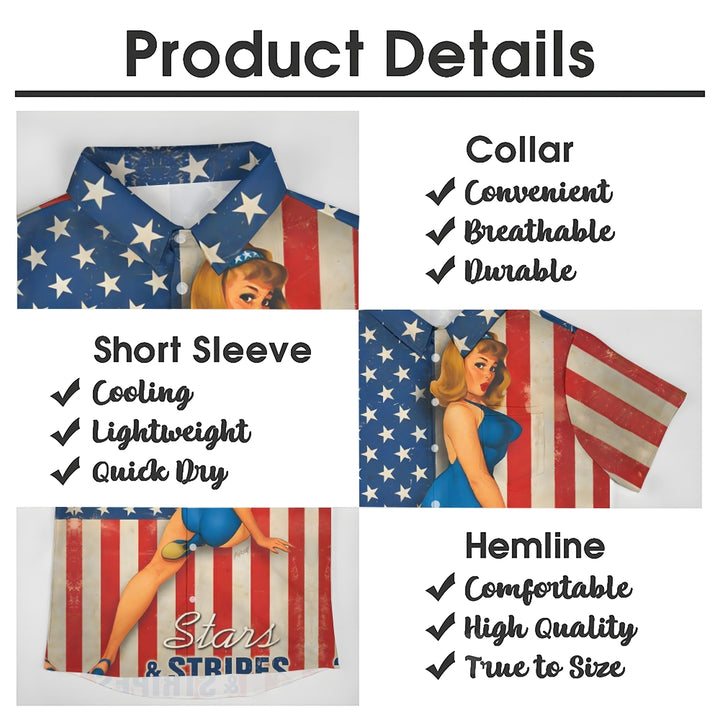 Vintage American Flag and Blue Swimsuit Girls Print Short Sleeve Shirt 2406001559