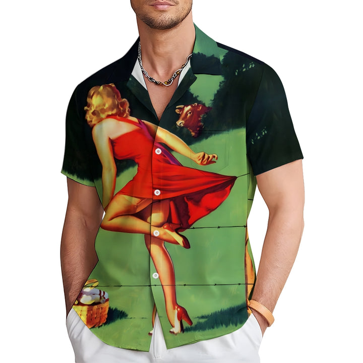 Men's Retro Girl Casual Short Sleeve Shirt 2401000086