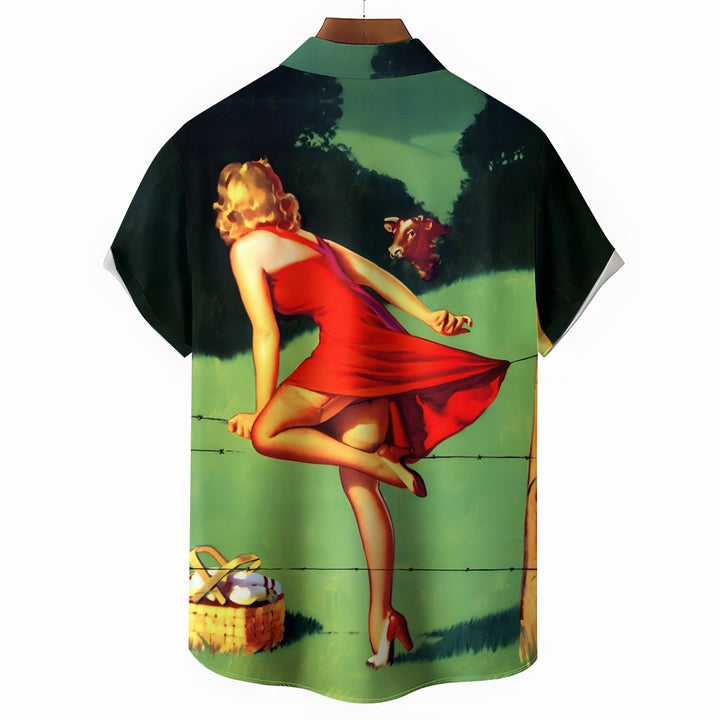 Men's Retro Girl Casual Short Sleeve Shirt 2401000086
