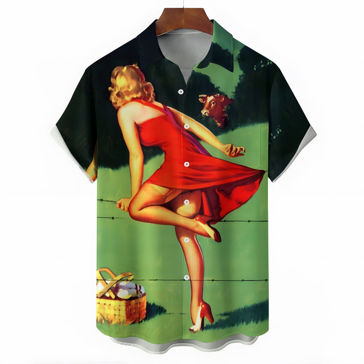 Men's Retro Girl Casual Short Sleeve Shirt 2401000086