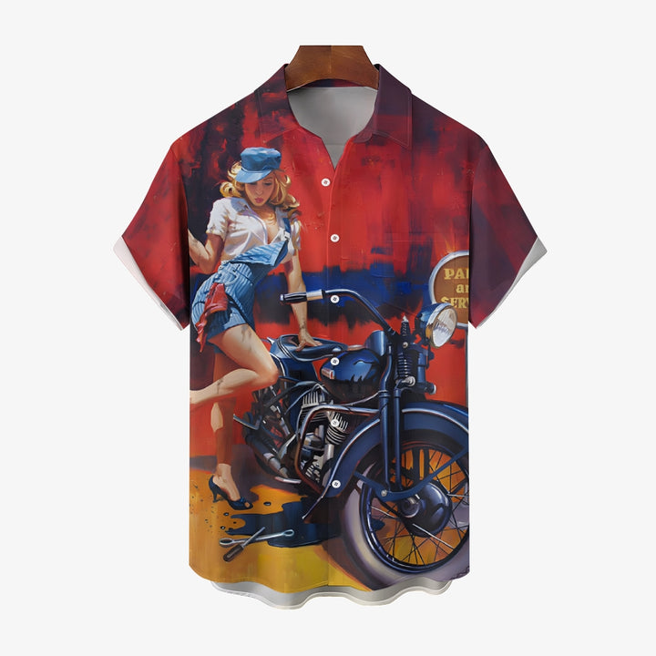 Men's Motorcycle Beauty Print Large Size Short Sleeve Shirt 2406001751