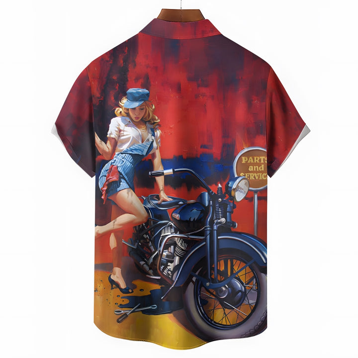 Men's Motorcycle Beauty Print Large Size Short Sleeve Shirt 2406001751