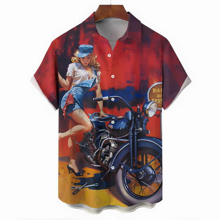 Men's Motorcycle Beauty Print Large Size Short Sleeve Shirt 2406001751