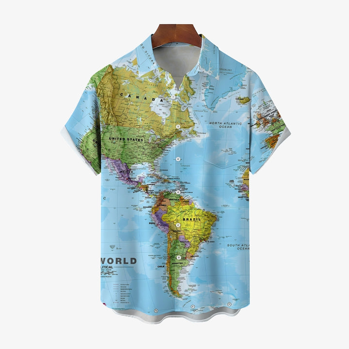 Vintage Map Print Large Bamboo Linen Short Sleeve Shirt 2406001760
