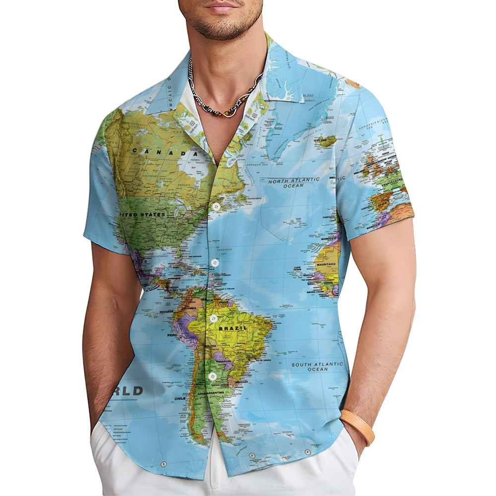 Vintage Map Print Large Bamboo Linen Short Sleeve Shirt 2406001760