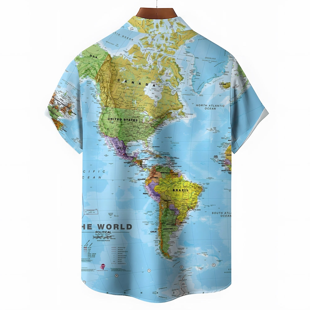 Vintage Map Print Large Bamboo Linen Short Sleeve Shirt 2406001760