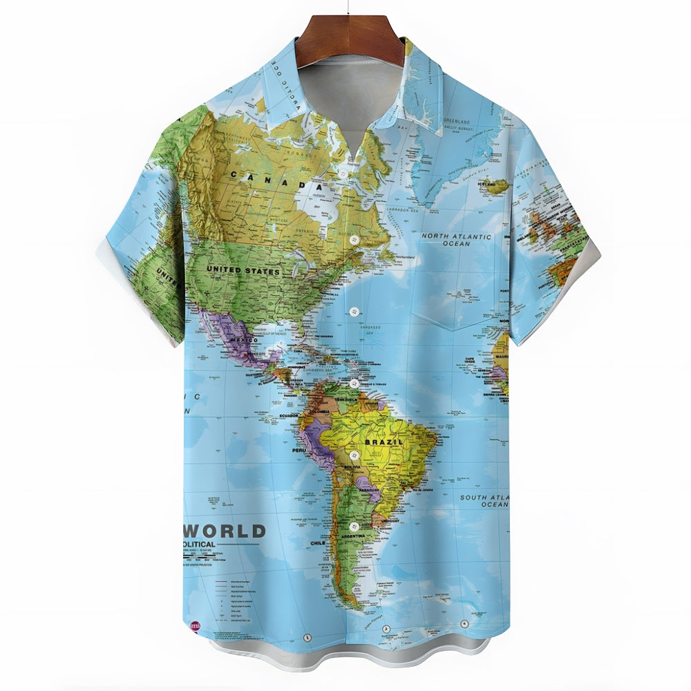 Vintage Map Print Large Bamboo Linen Short Sleeve Shirt 2406001760