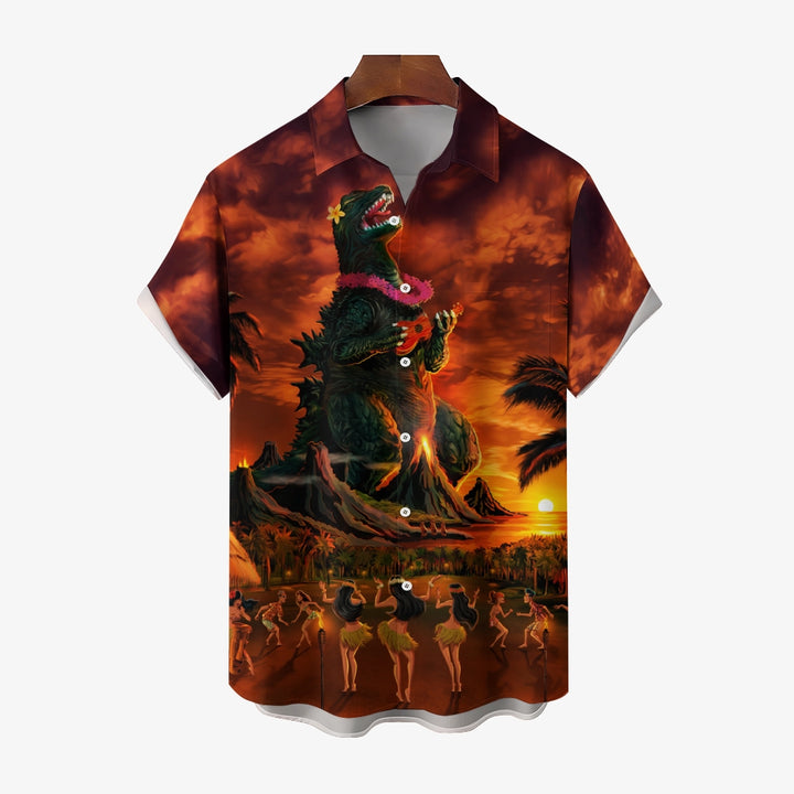 Hawaiian Godzilla Monster Print Men's Button Down Pocket Shirt 2311000335