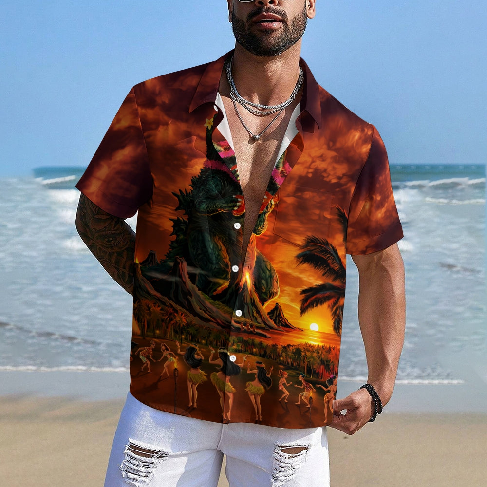 Hawaiian Godzilla Monster Print Men's Button Down Pocket Shirt 2311000335