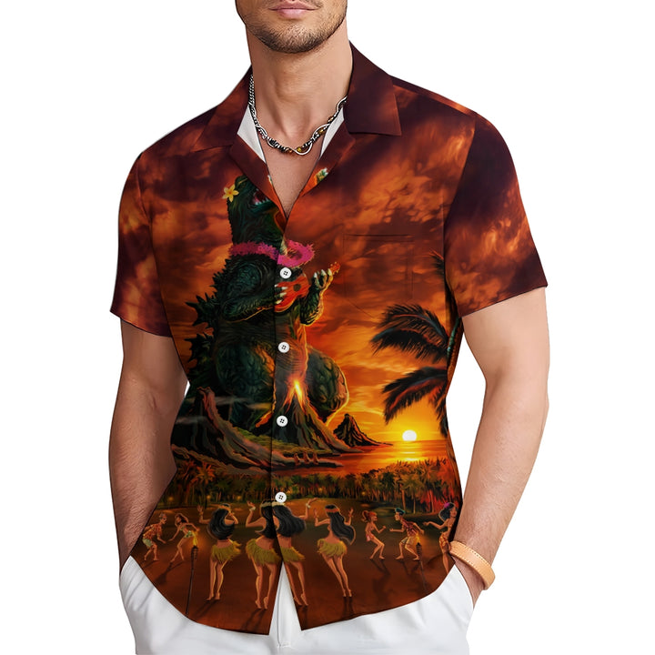 Hawaiian Godzilla Monster Print Men's Button Down Pocket Shirt 2311000335