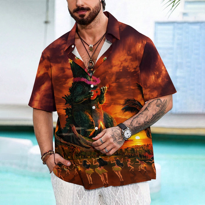 Hawaiian Godzilla Monster Print Men's Button Down Pocket Shirt 2311000335