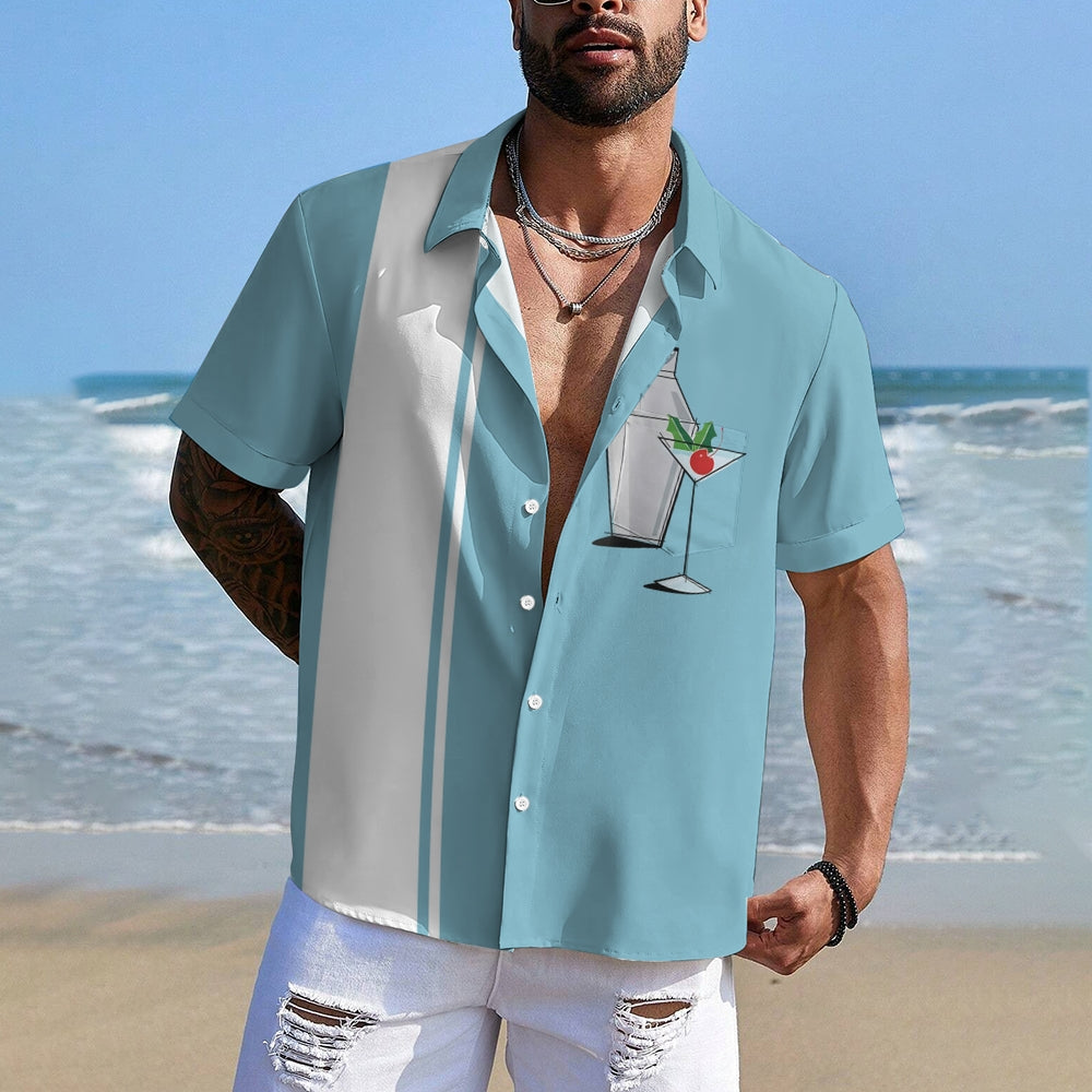 Men's Cocktail Chest Pocket Short Sleeve Bowling Shirt 2312000495