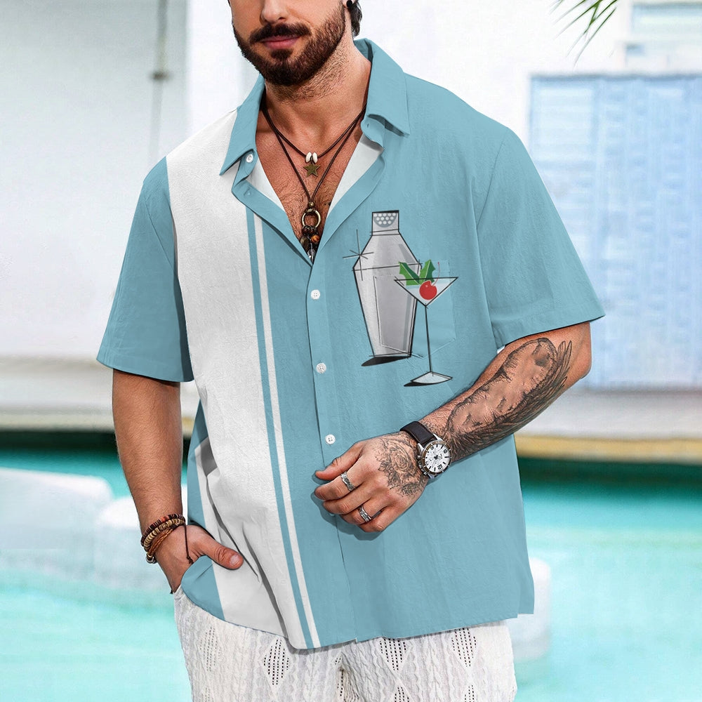 Men's Cocktail Chest Pocket Short Sleeve Bowling Shirt 2312000495