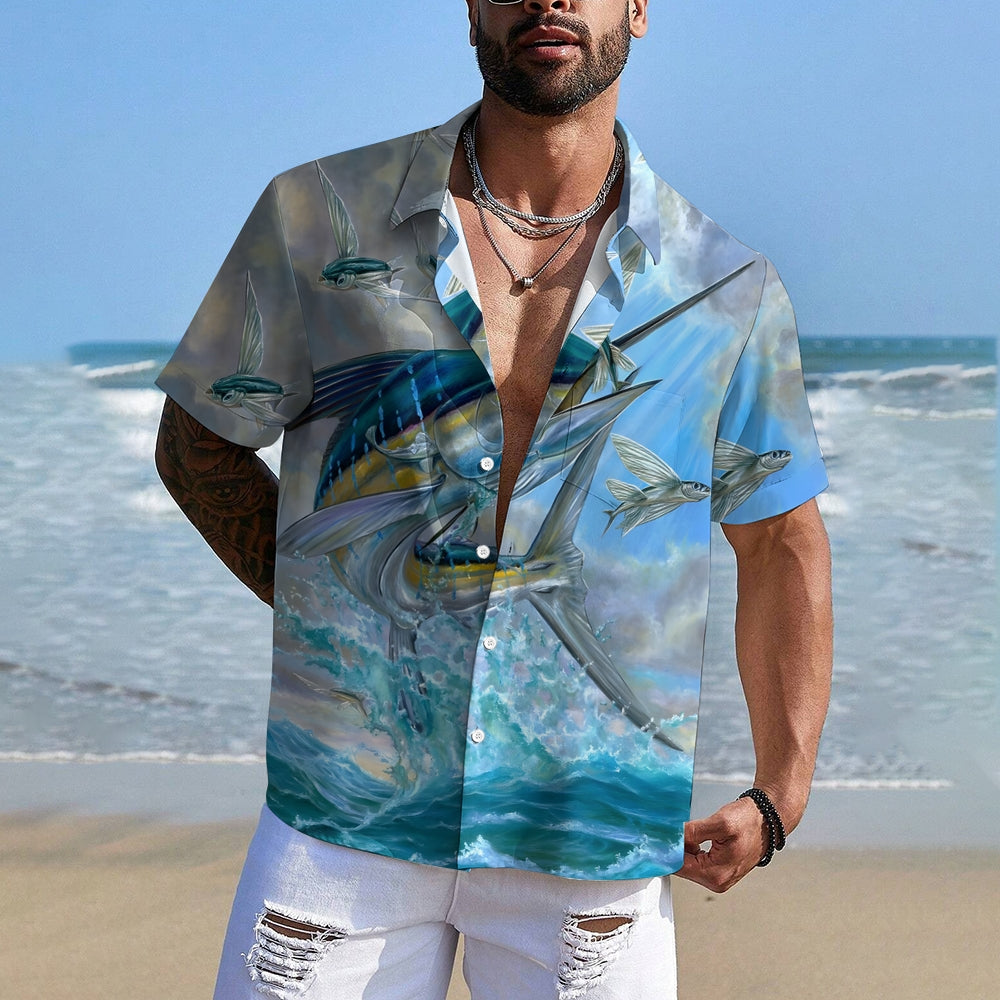 Men's Hawaiian Ocean Fish Print Short Sleeve Shirt 2401000136