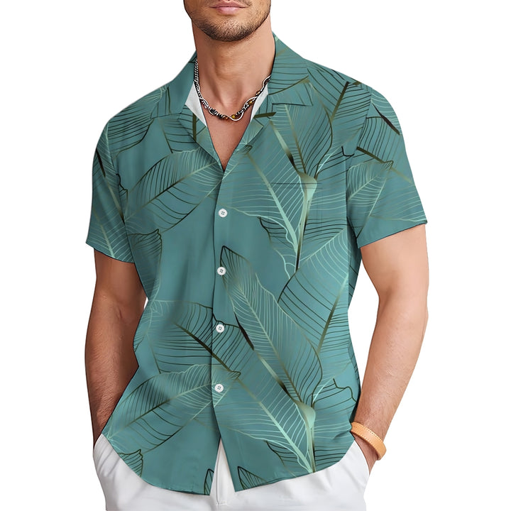 Hawaiian Plant Leaves Gold Edge Casual Short Sleeve Shirt 2402000068