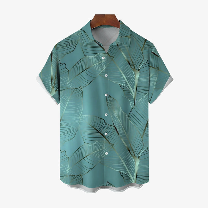 Hawaiian Plant Leaves Gold Edge Casual Short Sleeve Shirt 2402000068