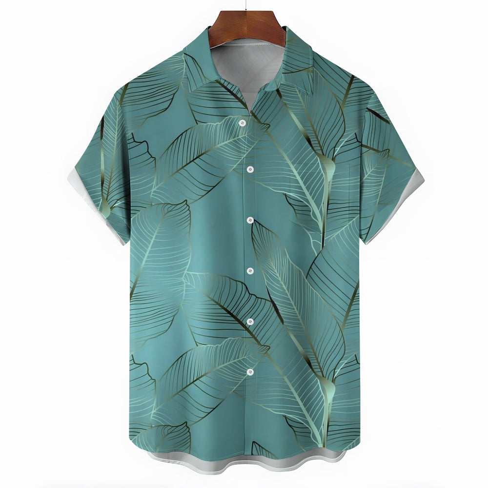 Hawaiian Plant Leaves Gold Edge Casual Short Sleeve Shirt 2402000068