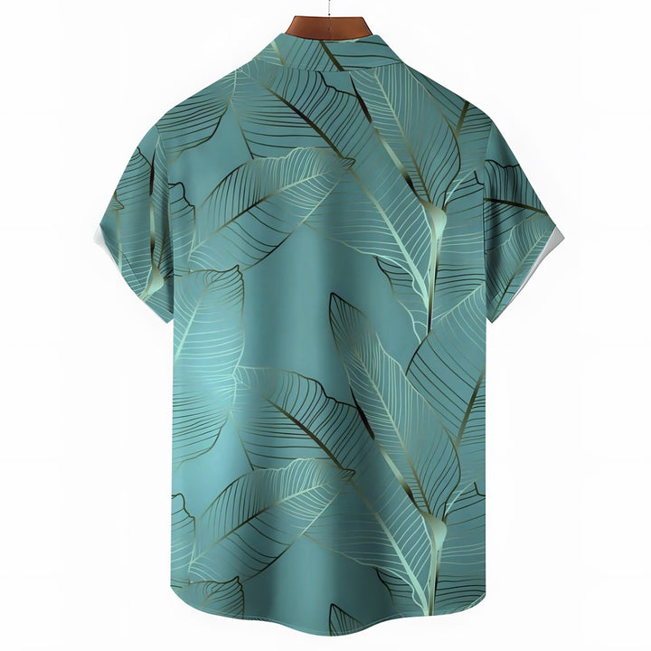 Hawaiian Plant Leaves Gold Edge Casual Short Sleeve Shirt 2402000068