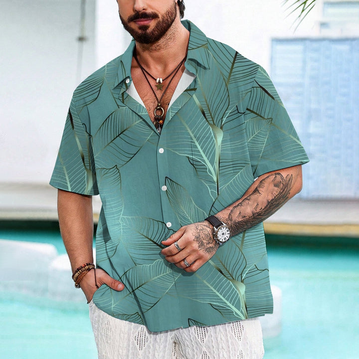 Hawaiian Plant Leaves Gold Edge Casual Short Sleeve Shirt 2402000068