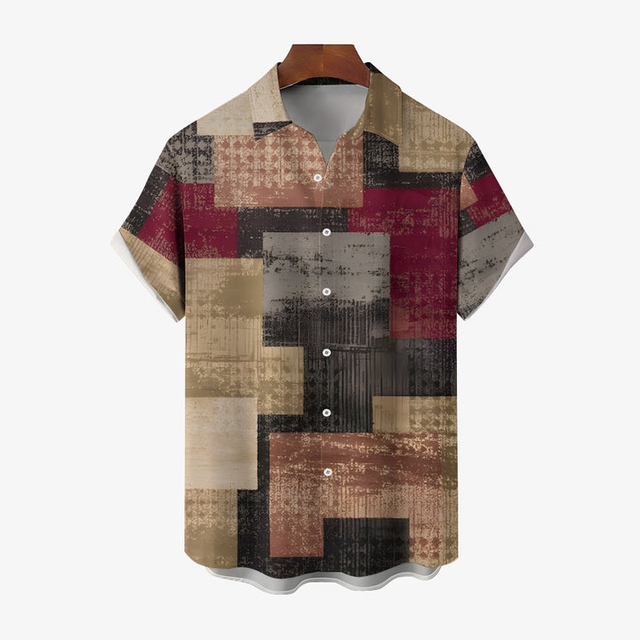 Retro Texture Patchwork Casual Short Sleeve Shirt 2402000133