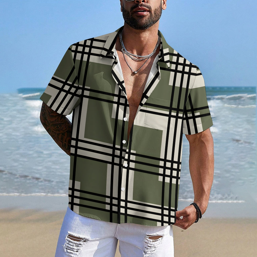 Men's Geometric Stripes Casual Short Sleeve Shirt 2402000131