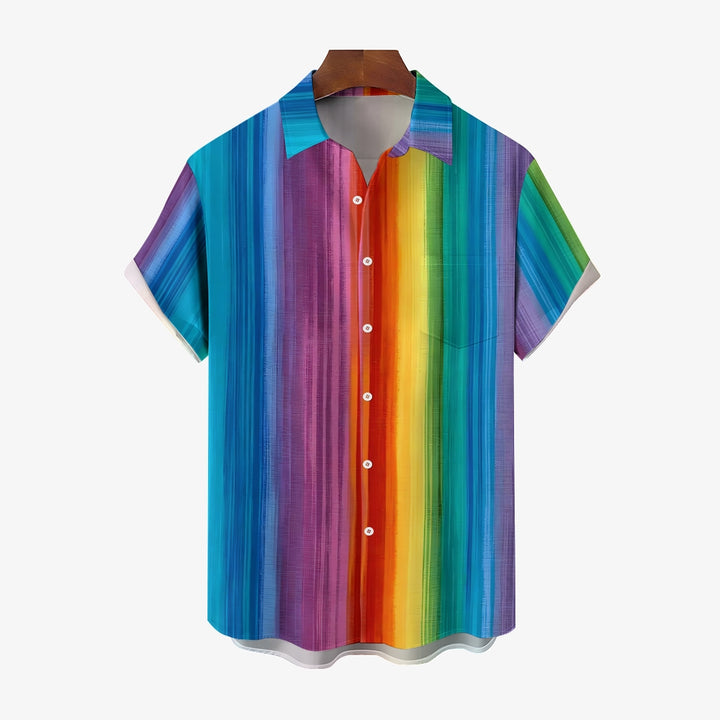 Chest Pocket Texture Rainbow Stripes Casual Short Sleeve Shirt 2402000031