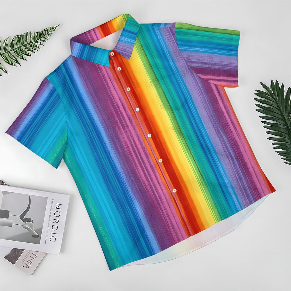 Chest Pocket Texture Rainbow Stripes Casual Short Sleeve Shirt 2402000031