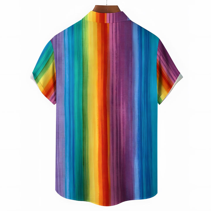 Chest Pocket Texture Rainbow Stripes Casual Short Sleeve Shirt 2402000031