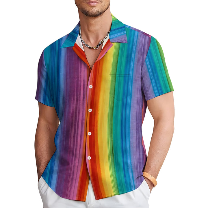 Chest Pocket Texture Rainbow Stripes Casual Short Sleeve Shirt 2402000031