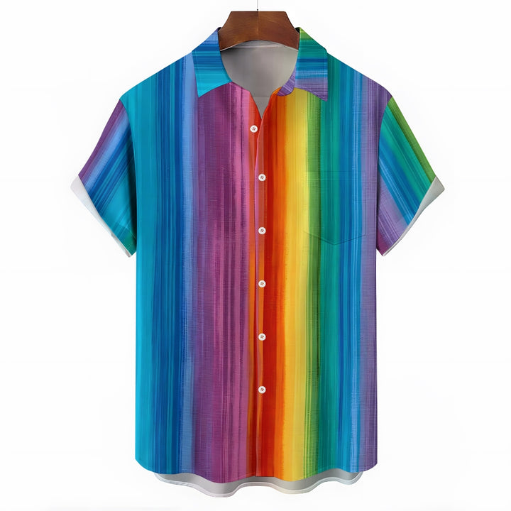 Chest Pocket Texture Rainbow Stripes Casual Short Sleeve Shirt 2402000031