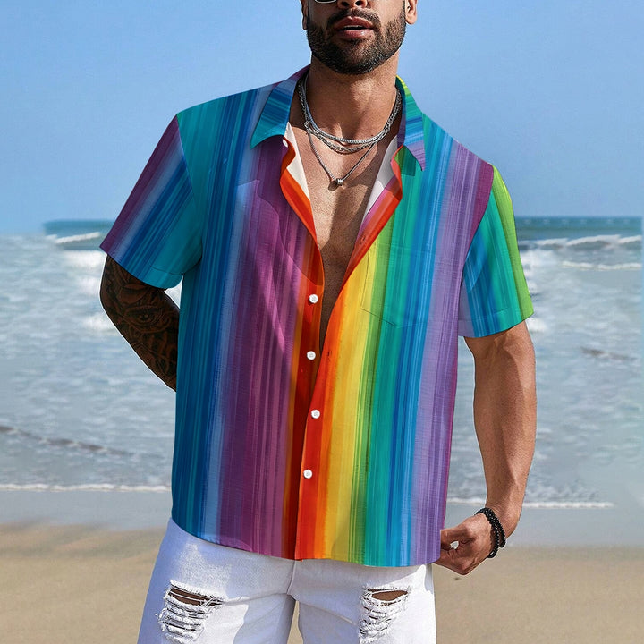 Chest Pocket Texture Rainbow Stripes Casual Short Sleeve Shirt 2402000031