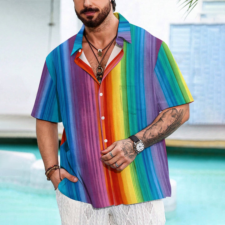Chest Pocket Texture Rainbow Stripes Casual Short Sleeve Shirt 2402000031